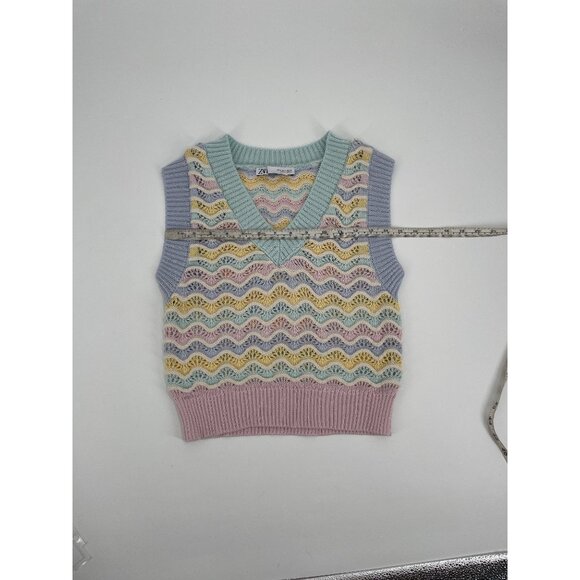 Zara Womens S Pastel Knit Sleeveless Sweater Vest Scallop Crochet Light Academia - Picture 6 of 7